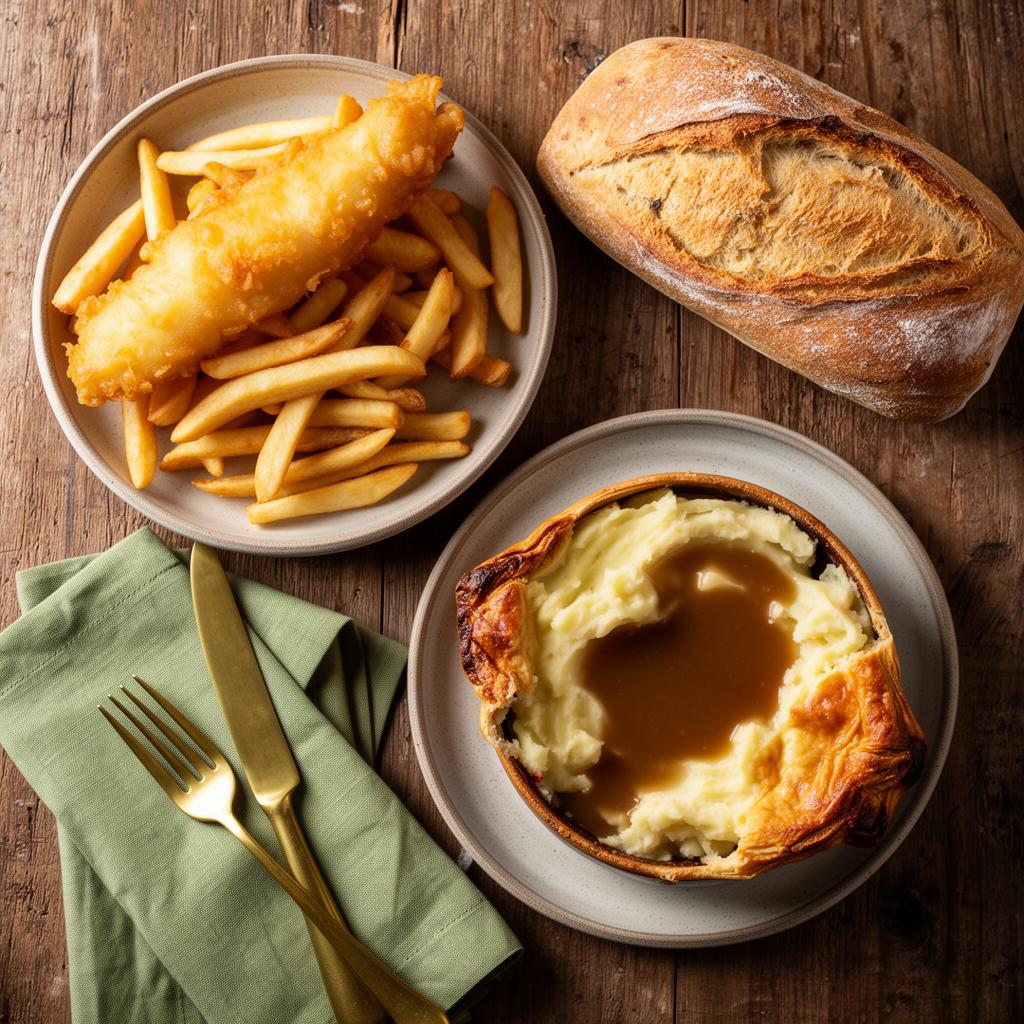Classic British pub food — fish and chips and a steaming pie